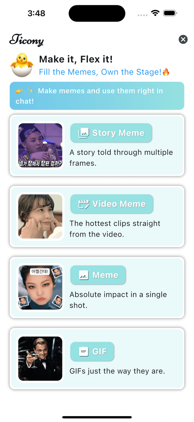 Ticony editor — Story Meme, Video Meme, Meme, GIF types
