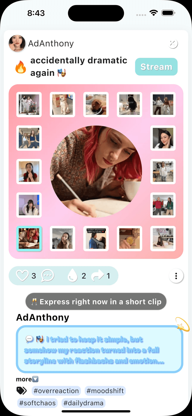 Ticony feed — creator card with stream button